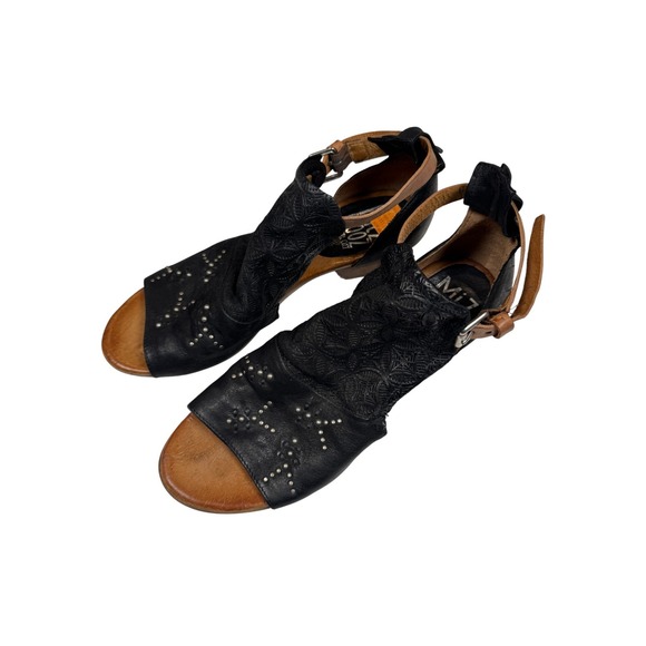 Miz Mooz Carey Black Leather Sandals Size 40 EU | Studded Cutout Embossed - Picture 1 of 12